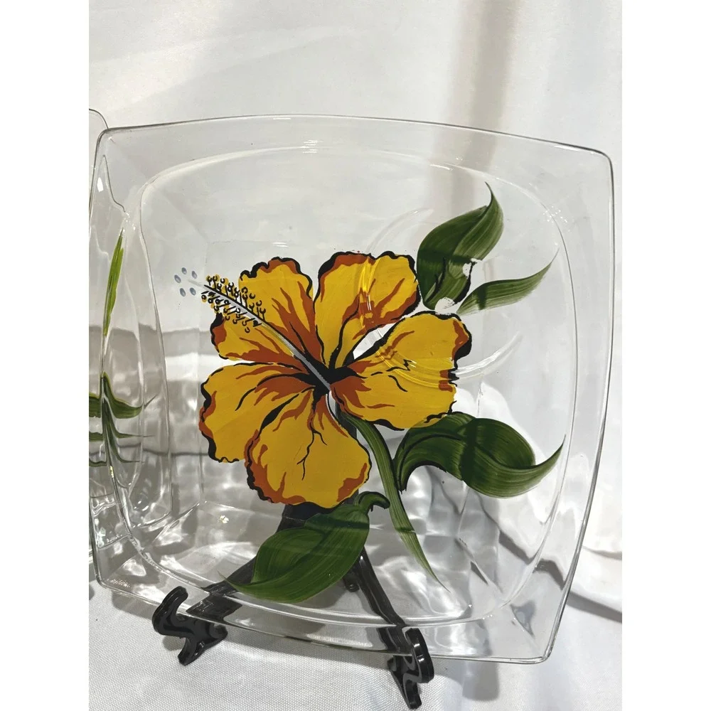 2 Vintage Hand Painted Floral Glass Plates Square cup holder‎ MCM Garden Party
